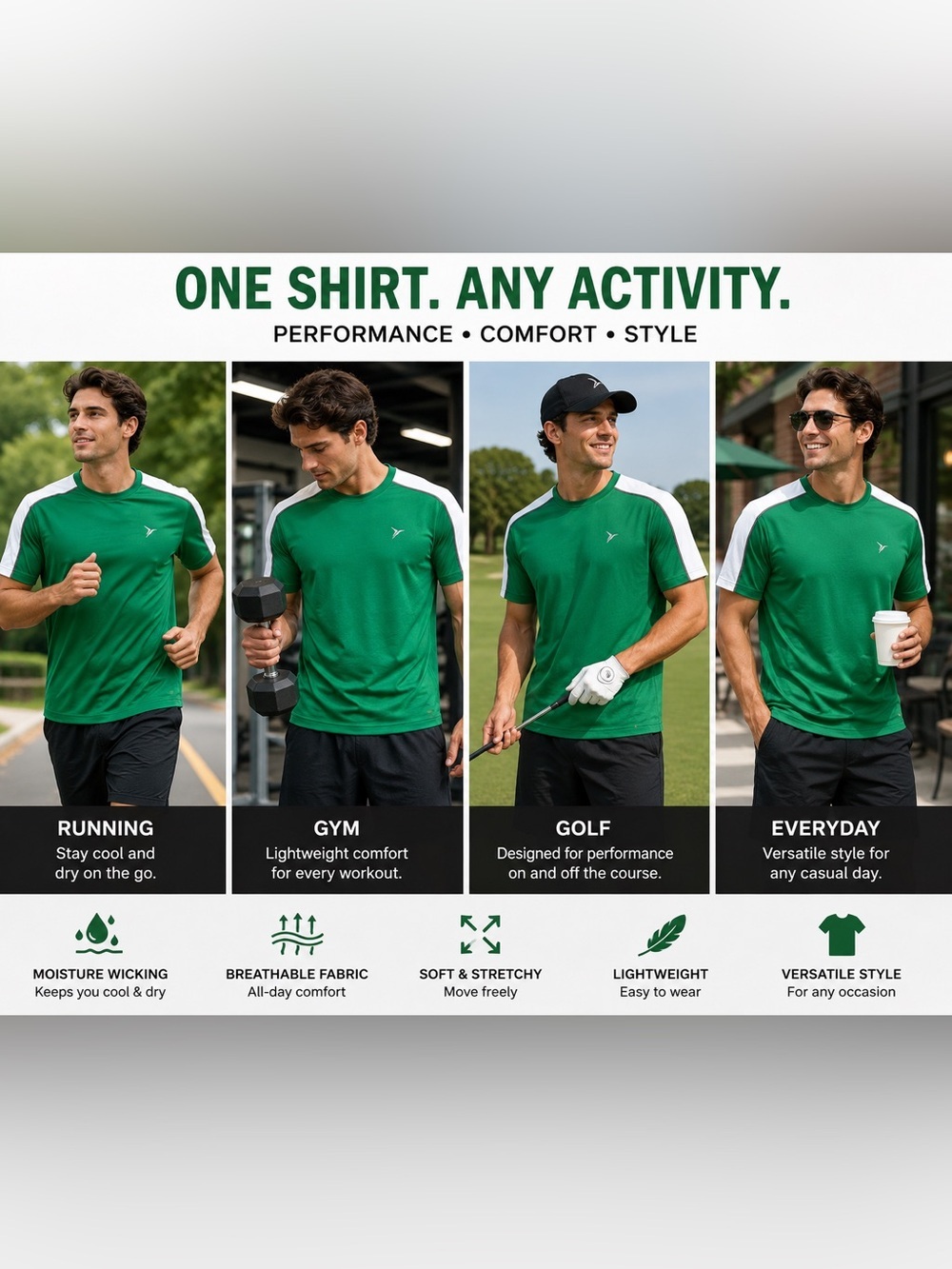 Mens XL Performance Athletic Shirt GoDRY Moisture Wicking Green Colorblock NWT - Picture 2 of 14